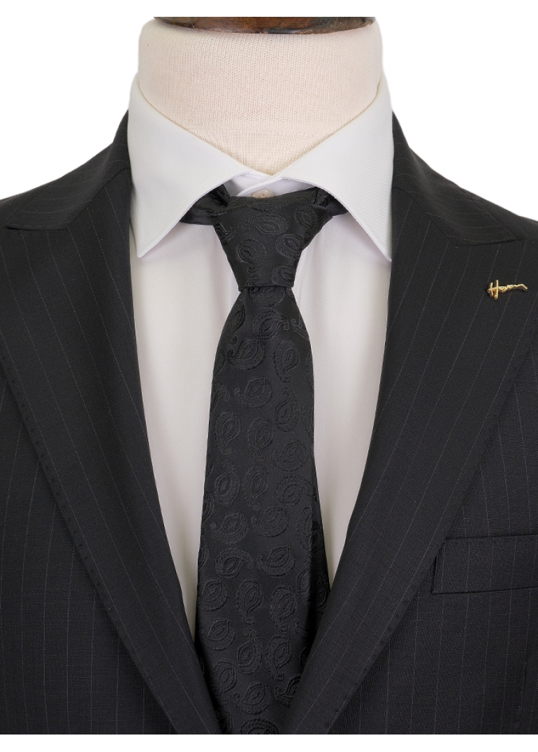 Çizgili Siyah Slim Fit Erkek Takım Elbise