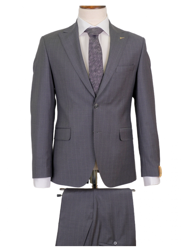 Yün Geniş Çizgili Gri Slim Fit Erkek Takım Elbise