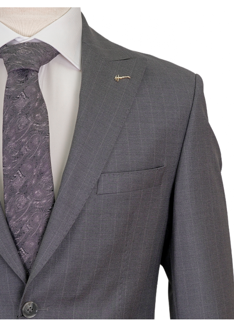 Yün Geniş Çizgili Gri Slim Fit Erkek Takım Elbise