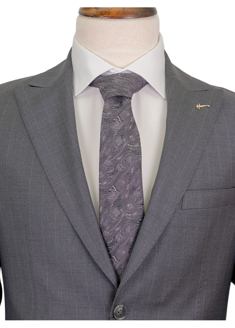 Yün Geniş Çizgili Gri Slim Fit Erkek Takım Elbise