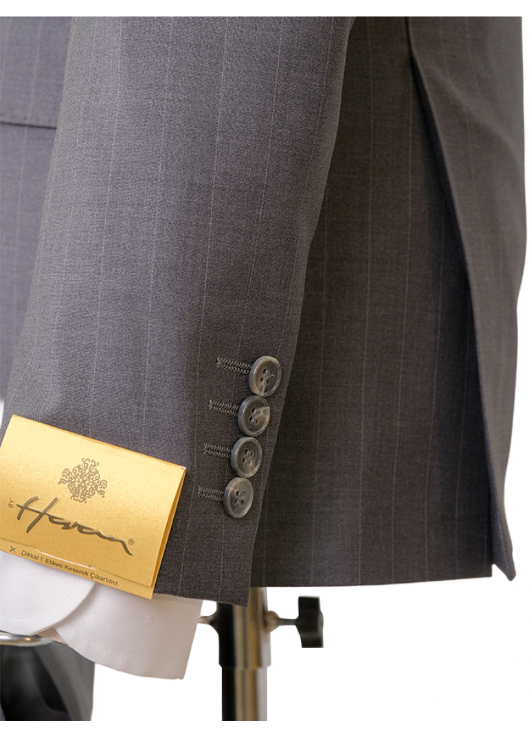 Yün Geniş Çizgili Gri Slim Fit Erkek Takım Elbise