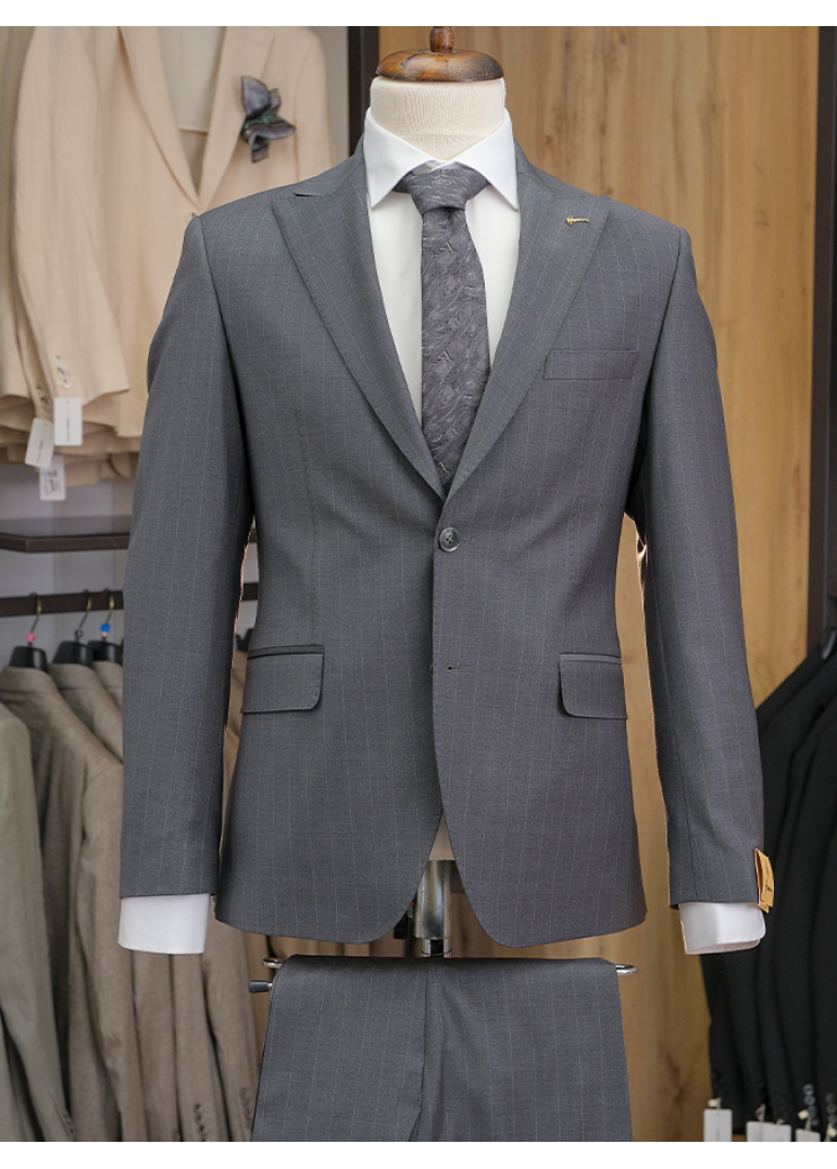 Yün Geniş Çizgili Gri Slim Fit Erkek Takım Elbise