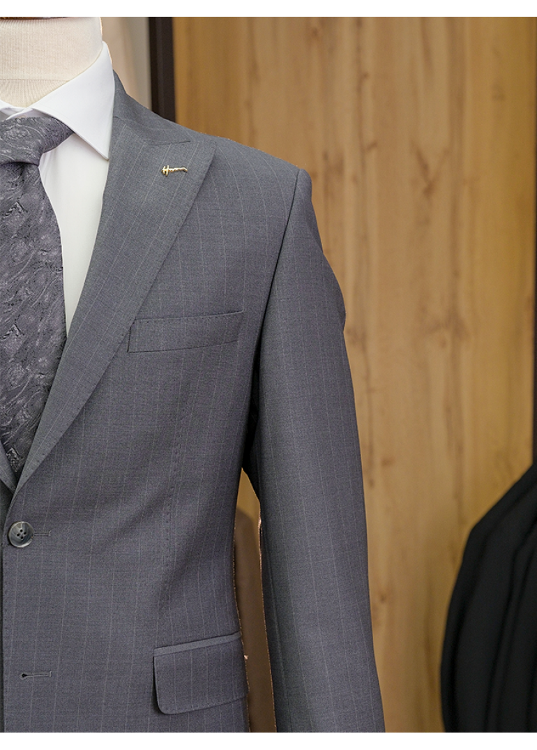 Yün Geniş Çizgili Gri Slim Fit Erkek Takım Elbise