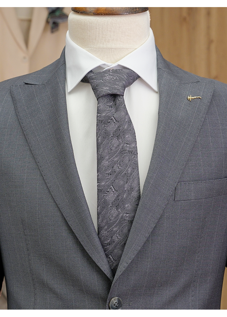 Yün Geniş Çizgili Gri Slim Fit Erkek Takım Elbise