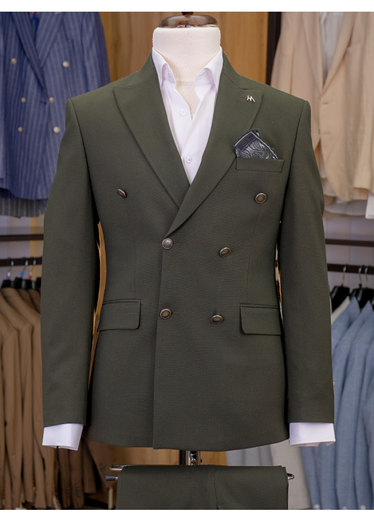 Metal Düğme Kruvaze Yeşil Slim Fit Erkek Takım Elbise