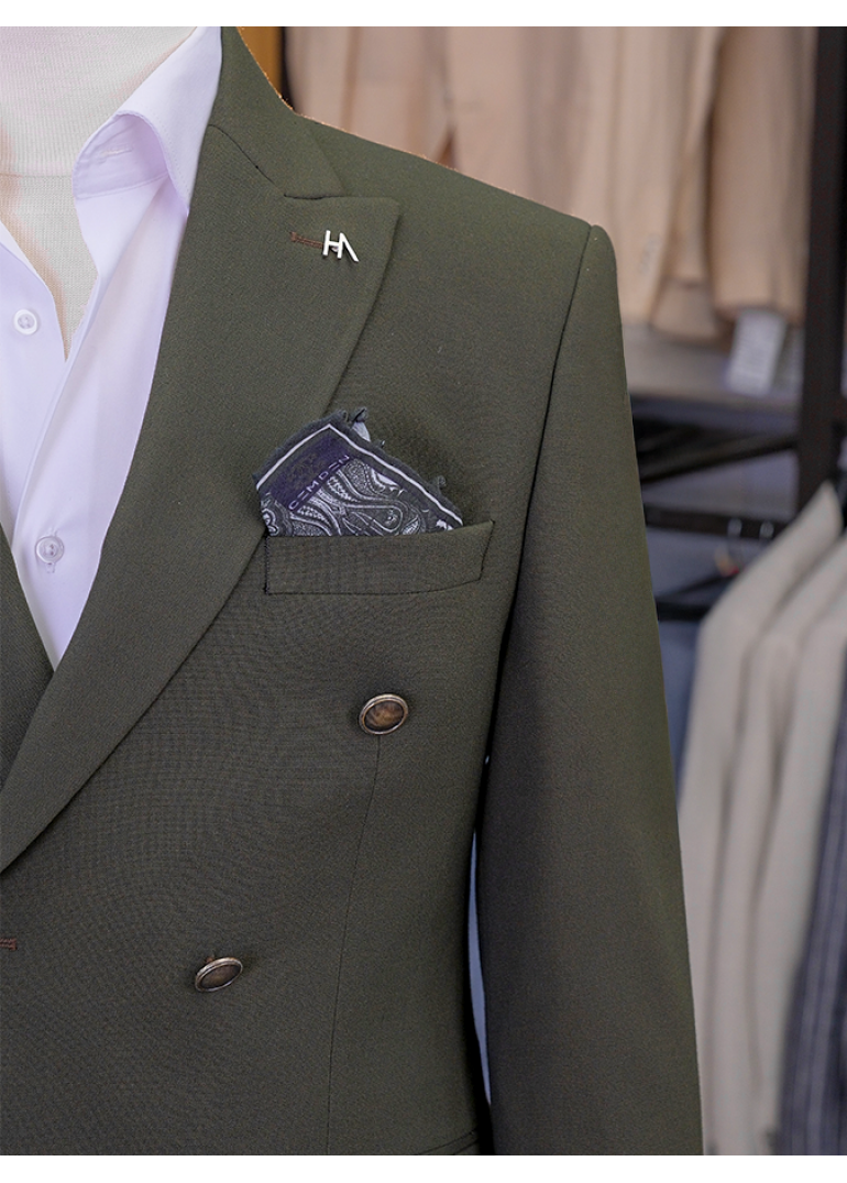 Metal Düğme Kruvaze Yeşil Slim Fit Erkek Takım Elbise