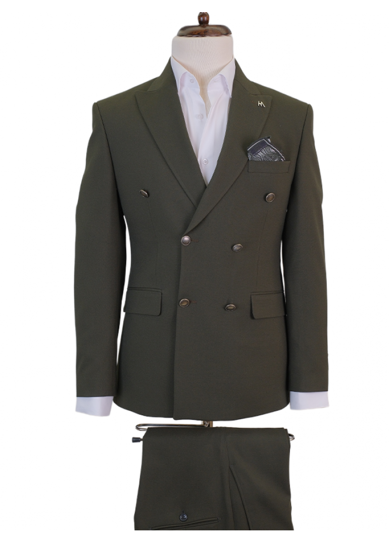 Metal Düğme Kruvaze Yeşil Slim Fit Erkek Takım Elbise