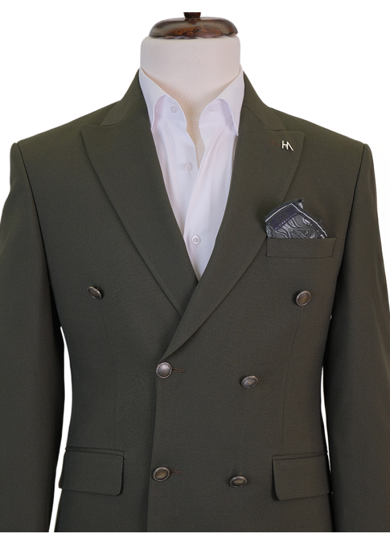 Metal Düğme Kruvaze Yeşil Slim Fit Erkek Takım Elbise