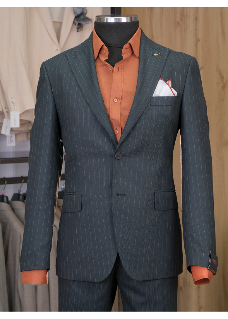 Yeşil Çizgili Slim Fit Erkek Takım Elbise