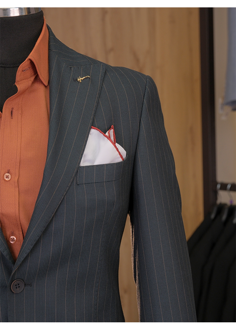 Yeşil Çizgili Slim Fit Erkek Takım Elbise