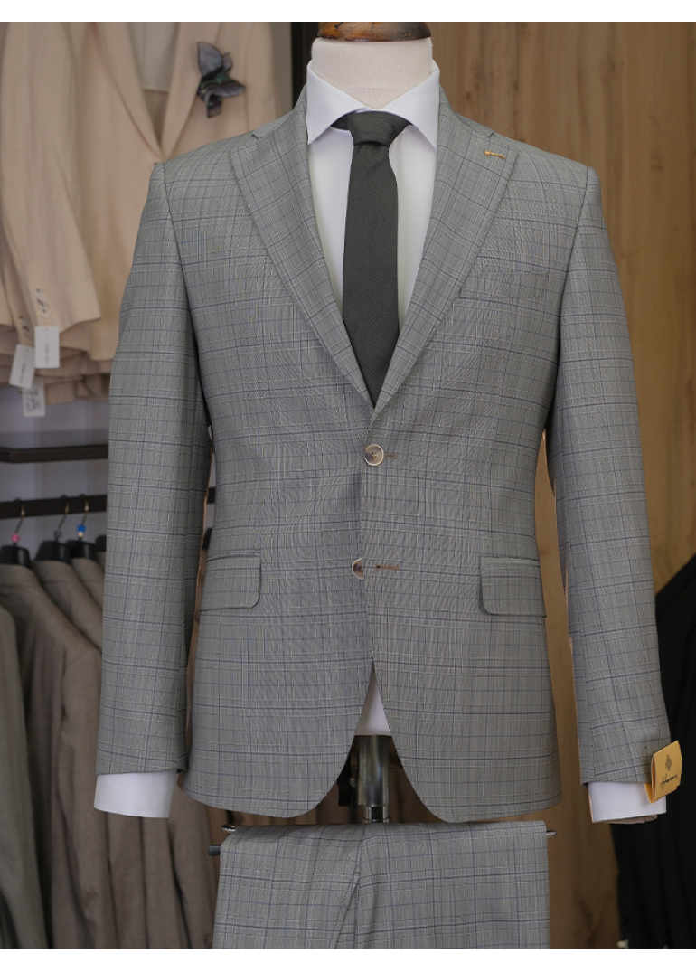 HVN Yün Klasik Takım Elbise Kareli Bej Erkek