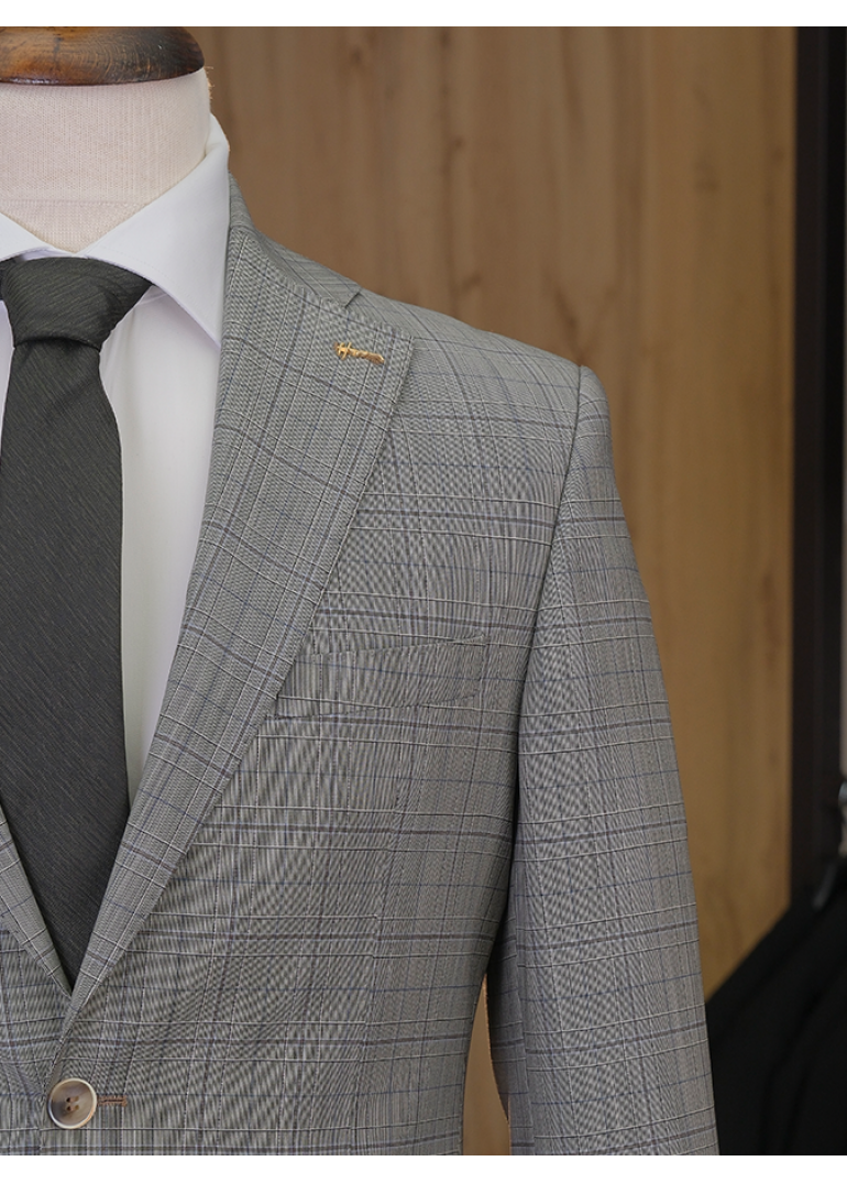 HVN Yün Klasik Takım Elbise Kareli Bej Erkek