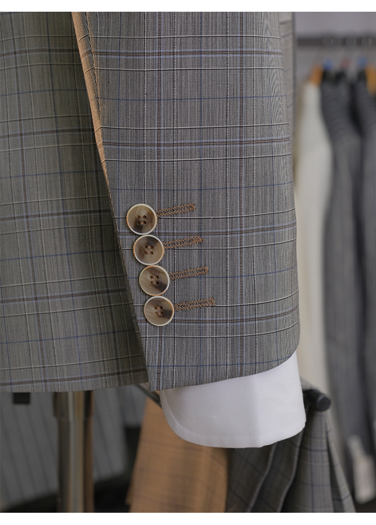 HVN Yün Klasik Takım Elbise Kareli Bej Erkek