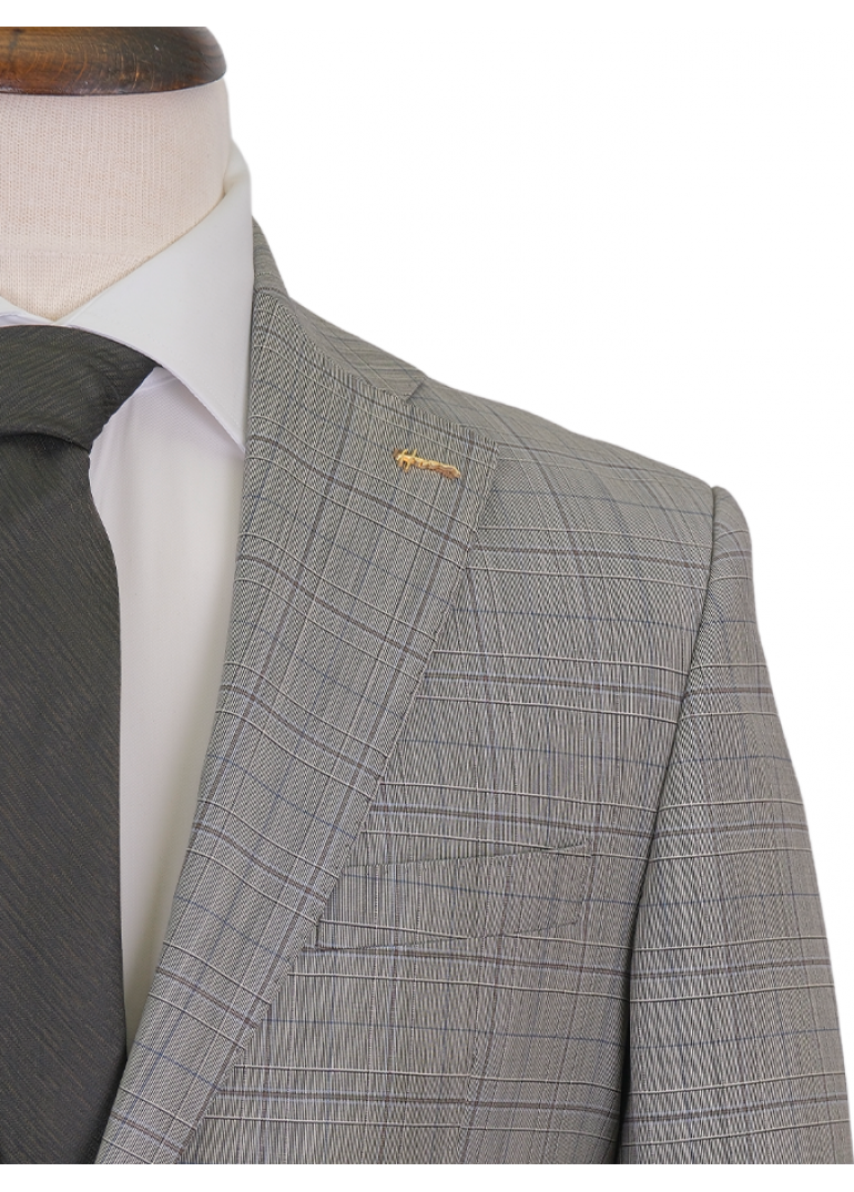 HVN Yün Klasik Takım Elbise Kareli Bej Erkek