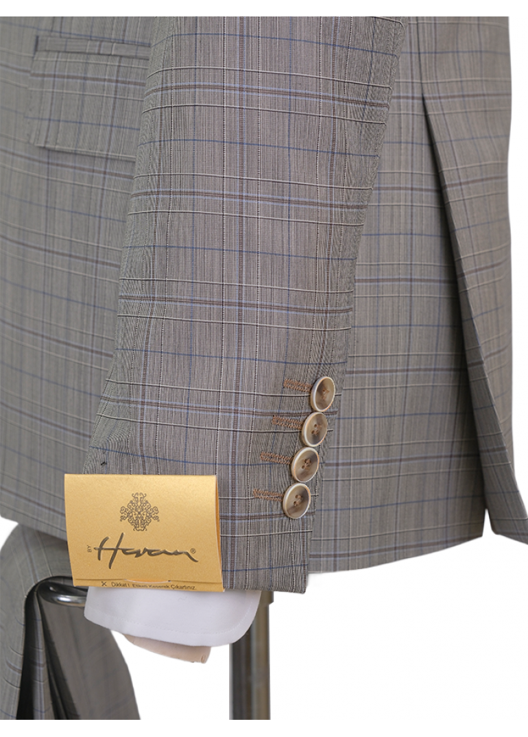HVN Yün Klasik Takım Elbise Kareli Bej Erkek