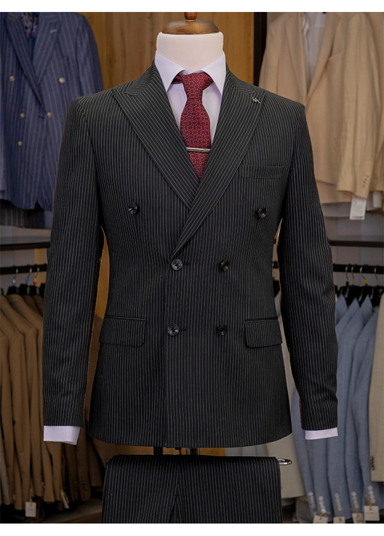 İnce Çizgili Kruvaze Siyah Slim Fit Erkek Takım Elbise