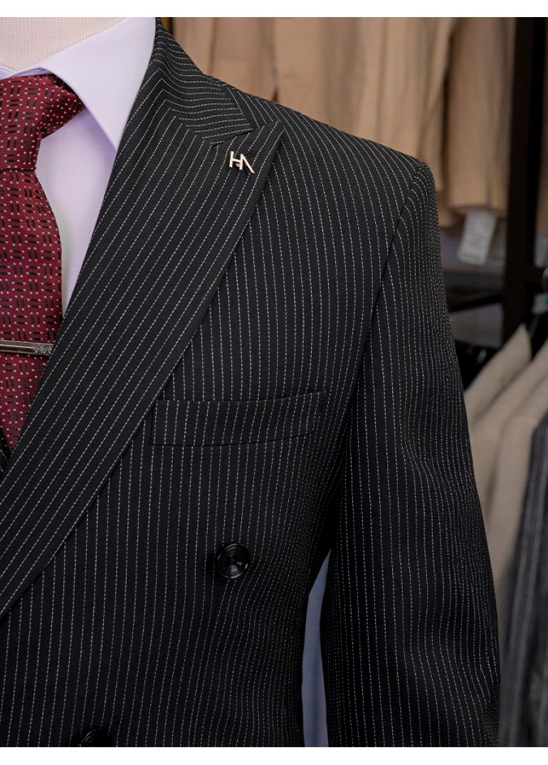 İnce Çizgili Kruvaze Siyah Slim Fit Erkek Takım Elbise