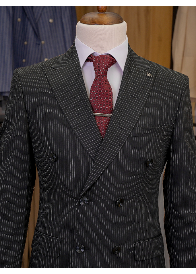 İnce Çizgili Kruvaze Siyah Slim Fit Erkek Takım Elbise