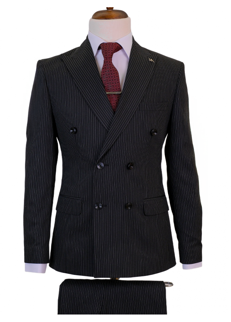 İnce Çizgili Kruvaze Siyah Slim Fit Erkek Takım Elbise
