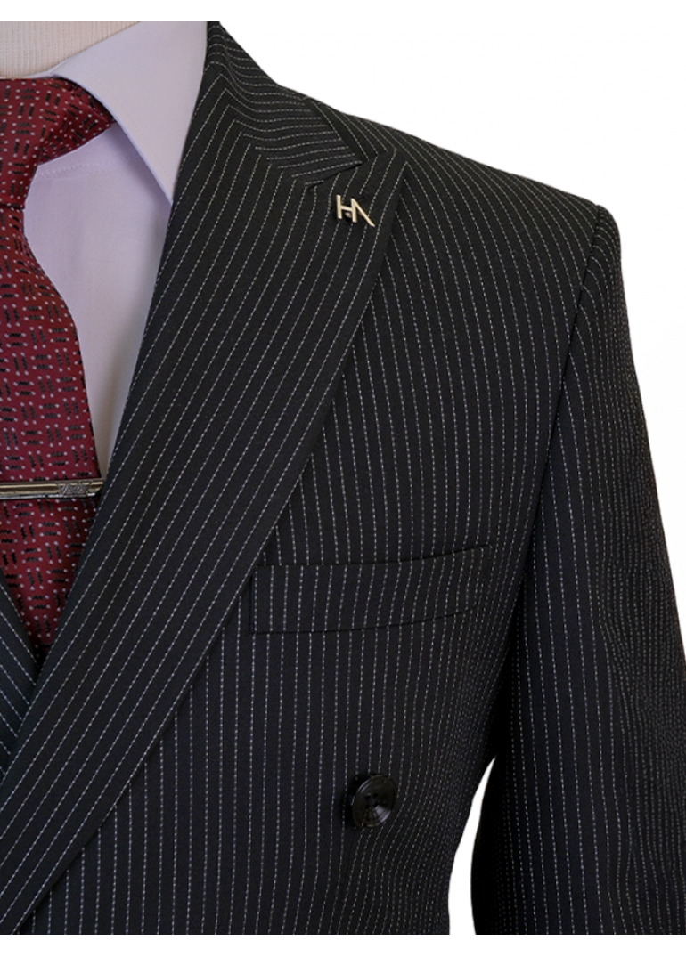 İnce Çizgili Kruvaze Siyah Slim Fit Erkek Takım Elbise