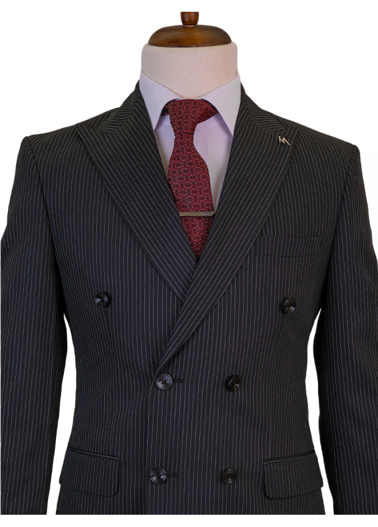İnce Çizgili Kruvaze Siyah Slim Fit Erkek Takım Elbise