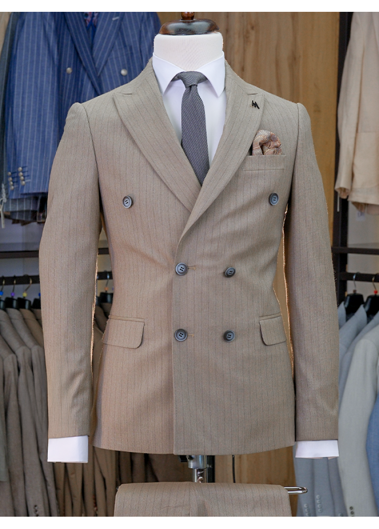 Kahverengi Çizgili Slim Fit Erkek Kruvaze Takım Elbise