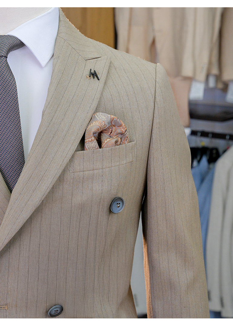 Kahverengi Çizgili Slim Fit Erkek Kruvaze Takım Elbise