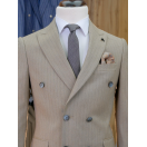 Kahverengi Çizgili Slim Fit Erkek Kruvaze Takım Elbise