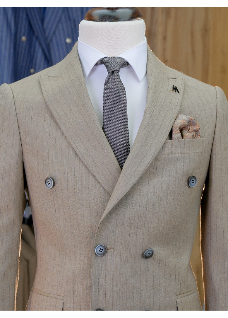 Kahverengi Çizgili Slim Fit Erkek Kruvaze Takım Elbise