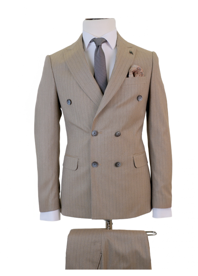 Kahverengi Çizgili Slim Fit Erkek Kruvaze Takım Elbise