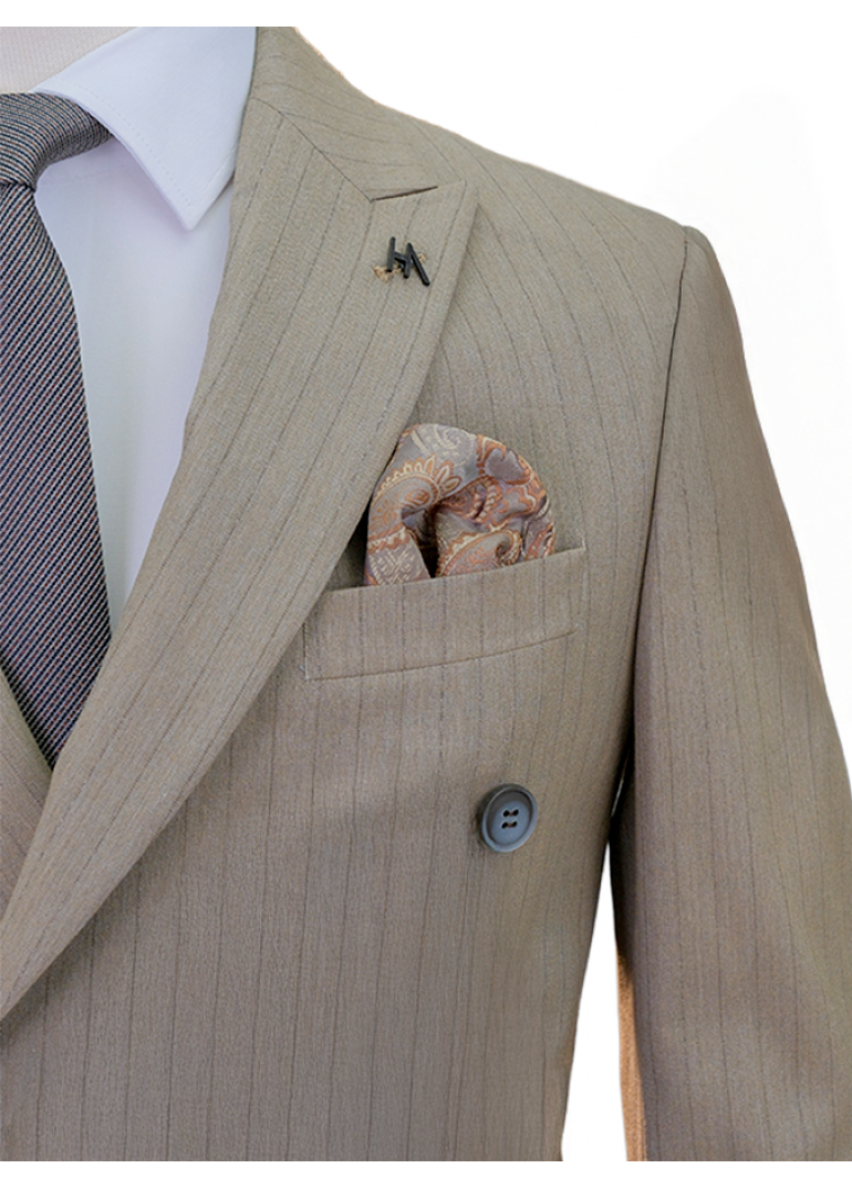 Kahverengi Çizgili Slim Fit Erkek Kruvaze Takım Elbise