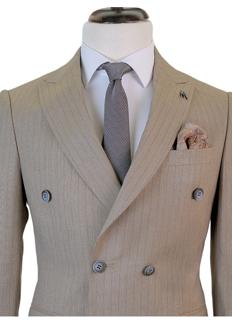 Kahverengi Çizgili Slim Fit Erkek Kruvaze Takım Elbise