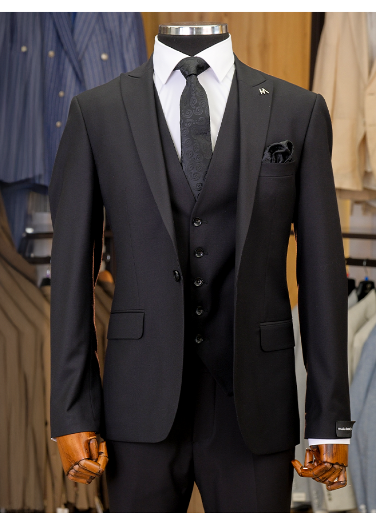 Yelekli Siyah Slim Fit Erkek Takım Elbise