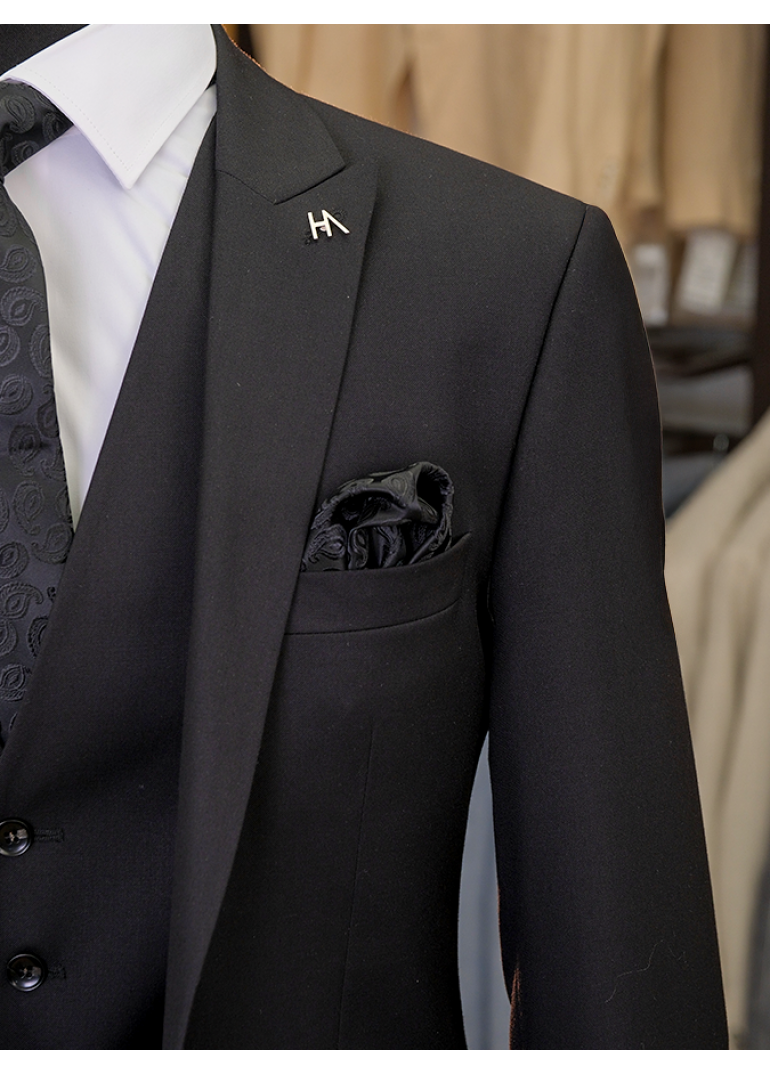 Yelekli Siyah Slim Fit Erkek Takım Elbise