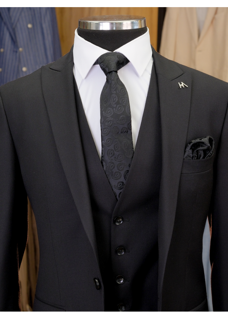 Yelekli Siyah Slim Fit Erkek Takım Elbise