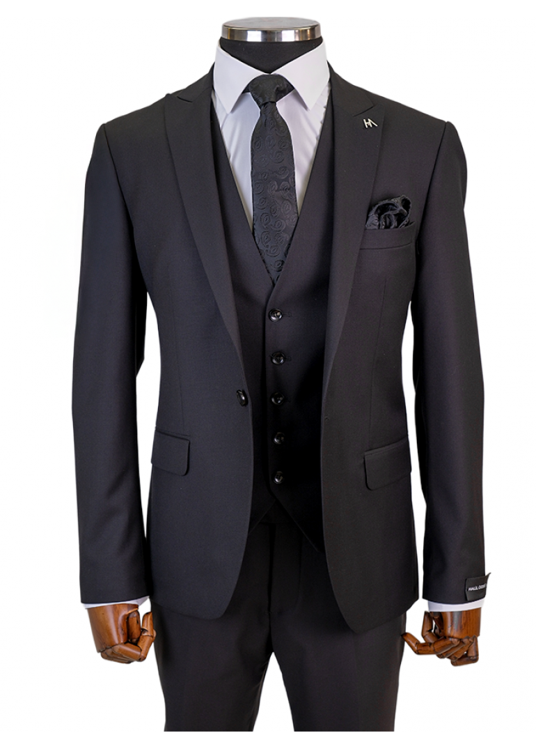 Yelekli Siyah Slim Fit Erkek Takım Elbise