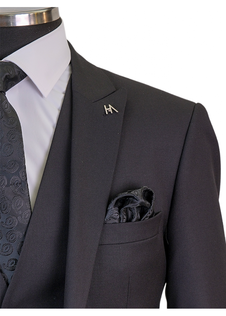 Yelekli Siyah Slim Fit Erkek Takım Elbise