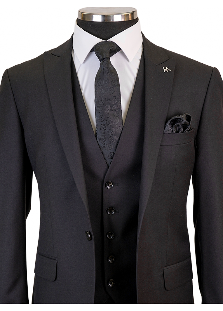 Yelekli Siyah Slim Fit Erkek Takım Elbise