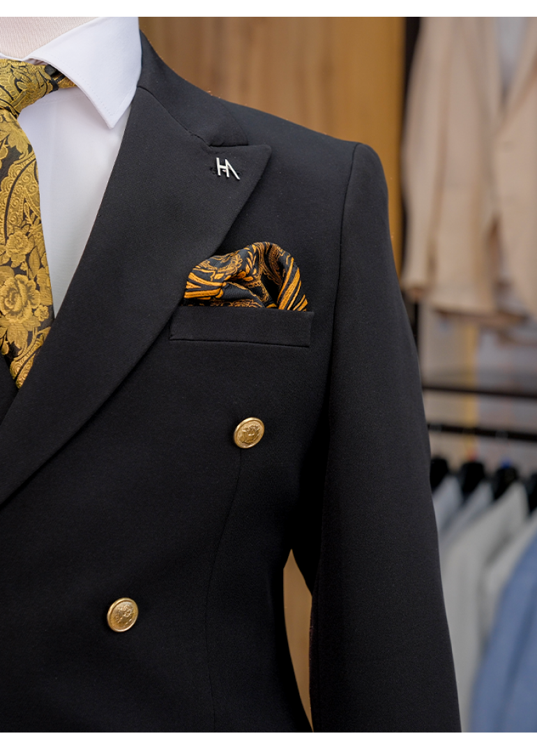 Silver Düğme Kruvaze Siyah Slim Fit Erkek Takım Elbise