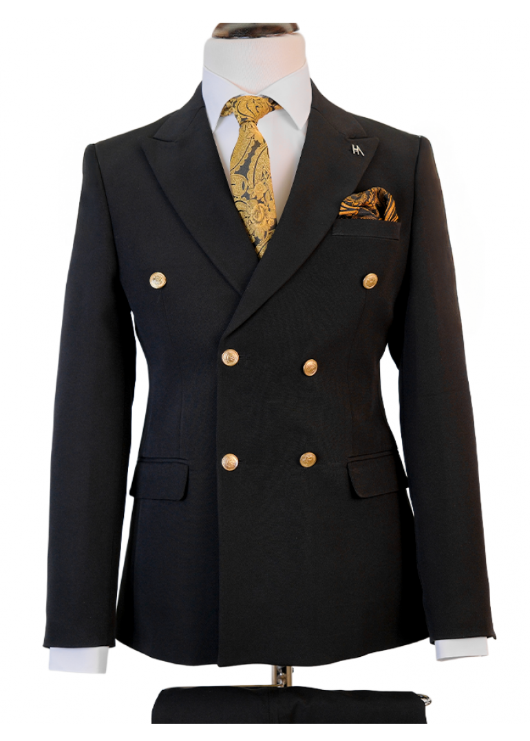 Silver Düğme Kruvaze Siyah Slim Fit Erkek Takım Elbise