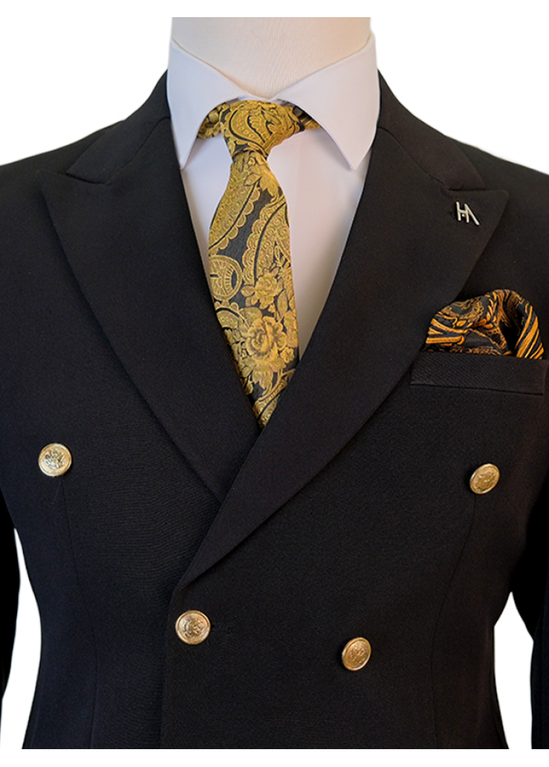 Silver Düğme Kruvaze Siyah Slim Fit Erkek Takım Elbise