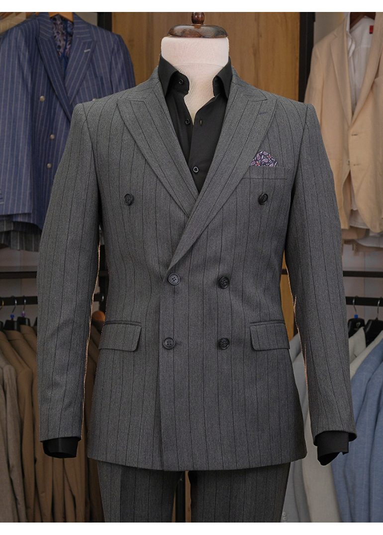 Muskar Çizgili Antrasit Slim Fit Erkek Kruvaze Takım Elbise
