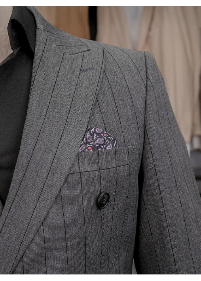 Muskar Çizgili Antrasit Slim Fit Erkek Kruvaze Takım Elbise