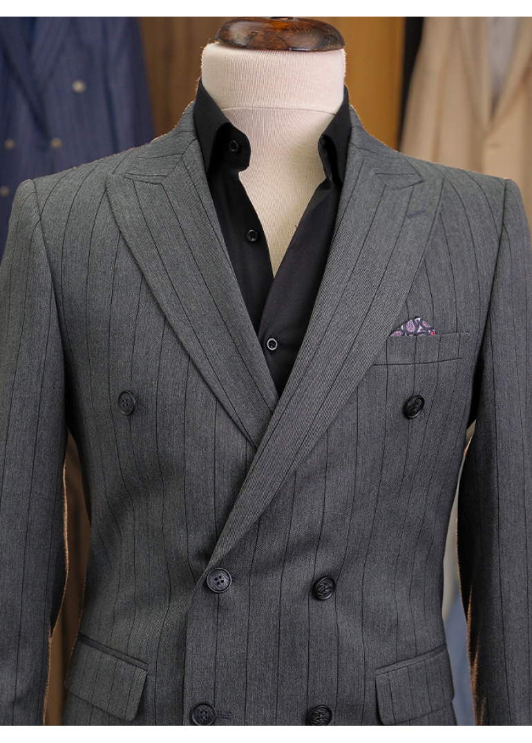 Muskar Çizgili Antrasit Slim Fit Erkek Kruvaze Takım Elbise