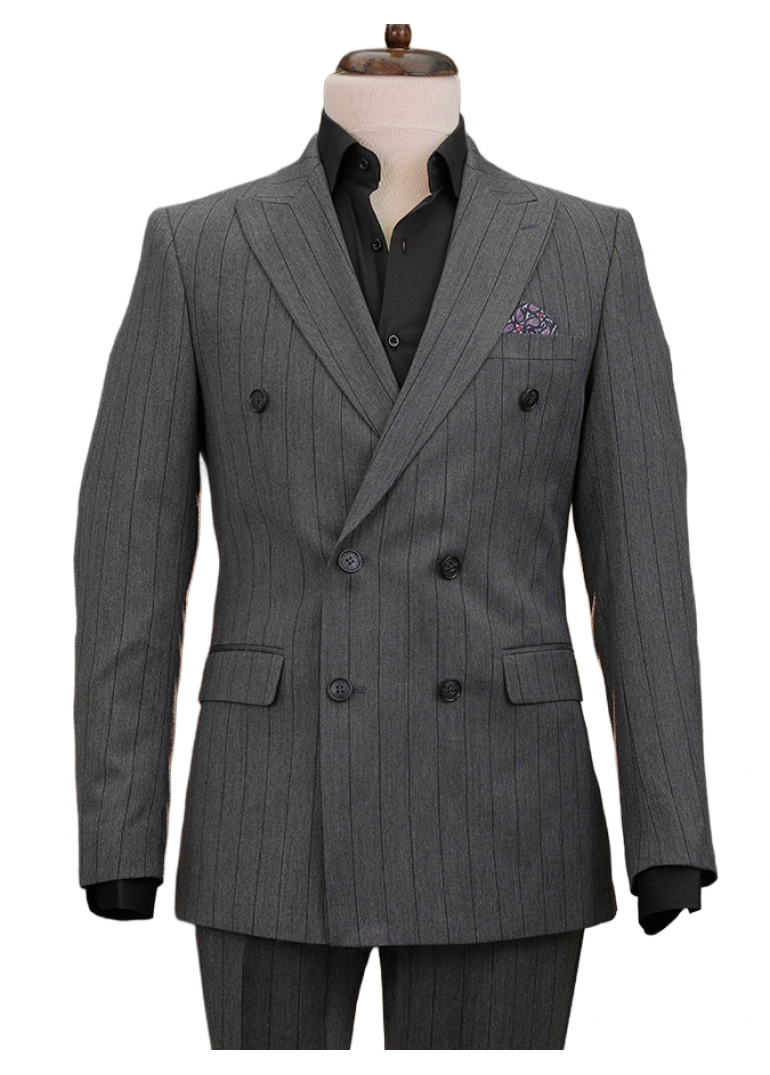 Muskar Çizgili Antrasit Slim Fit Erkek Kruvaze Takım Elbise