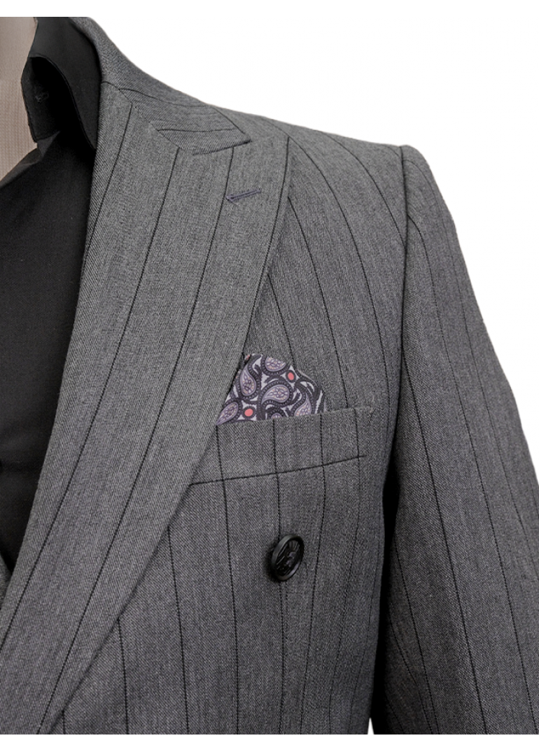 Muskar Çizgili Antrasit Slim Fit Erkek Kruvaze Takım Elbise