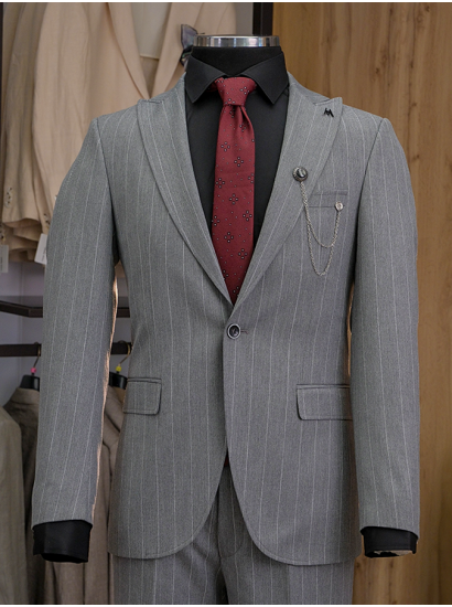 Tek Düğme Çizgili Takım Gri