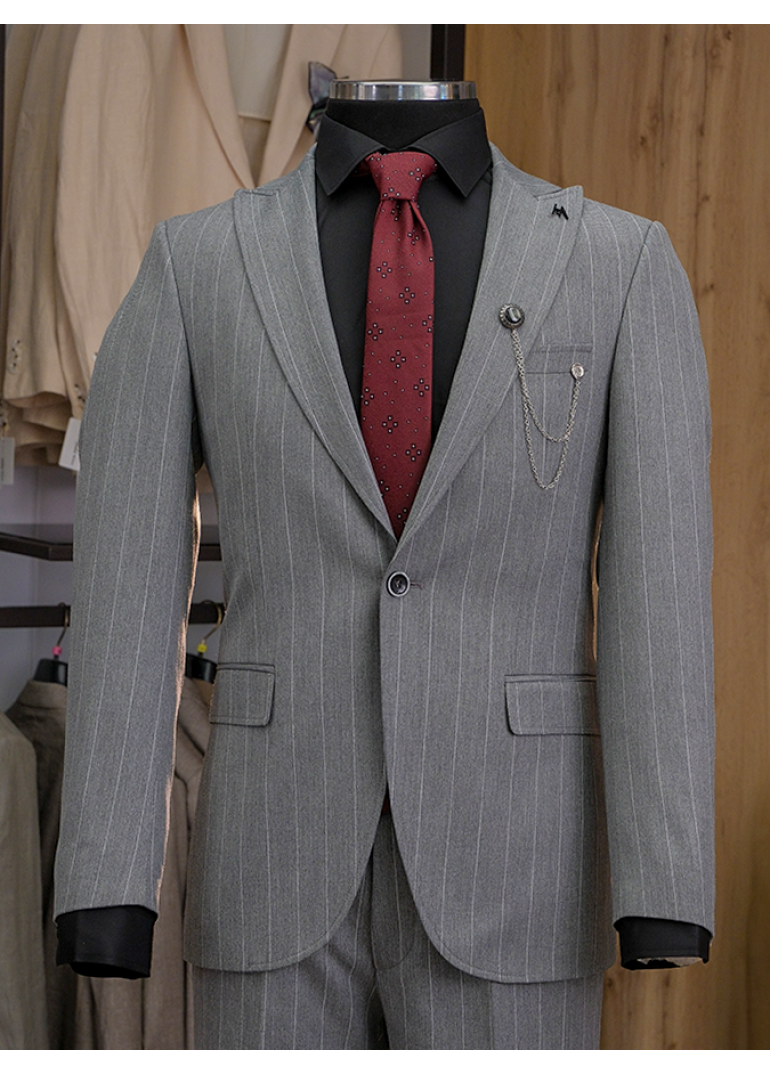 Çizgili Gri Slim Fit Erkek Takım Elbise