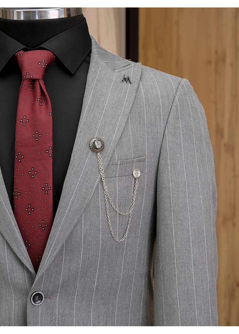 Çizgili Gri Slim Fit Erkek Takım Elbise