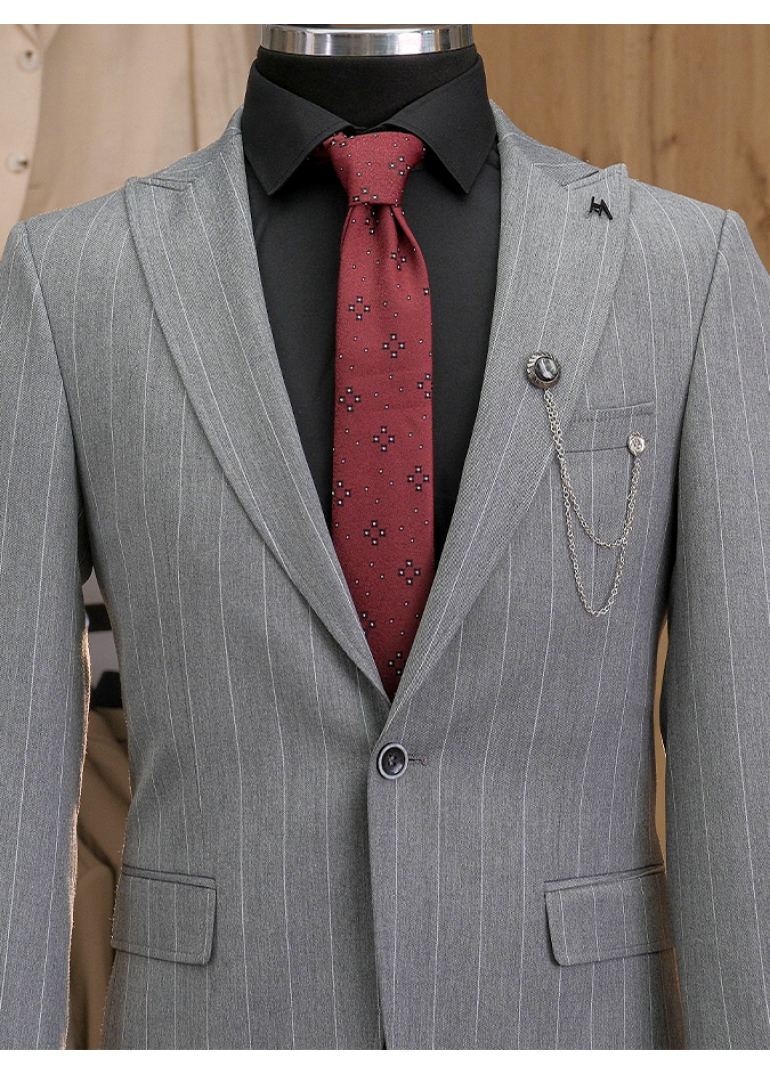 Çizgili Gri Slim Fit Erkek Takım Elbise